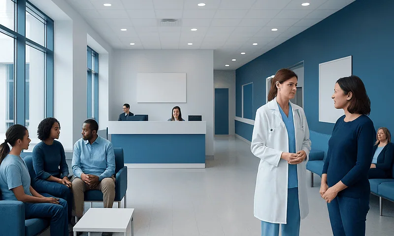 Doctor consulting with patient in hospital waiting area.