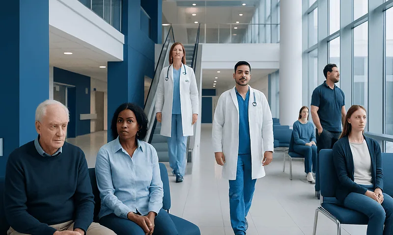 Is Bowel Leakage a Sign of Cancer? 15 Patients waiting in a modern hospital lobby with medical staff present.