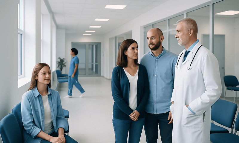 Is There a Cure for Cancer? Treatment and Remission 1 Medical consultation in a modern hospital corridor with a doctor and patients.