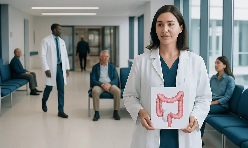 Doctor holding a model of the human colon in a hospital corridor.