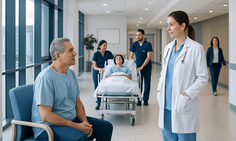 Hospital staff consulting with a patient in a modern medical facility.