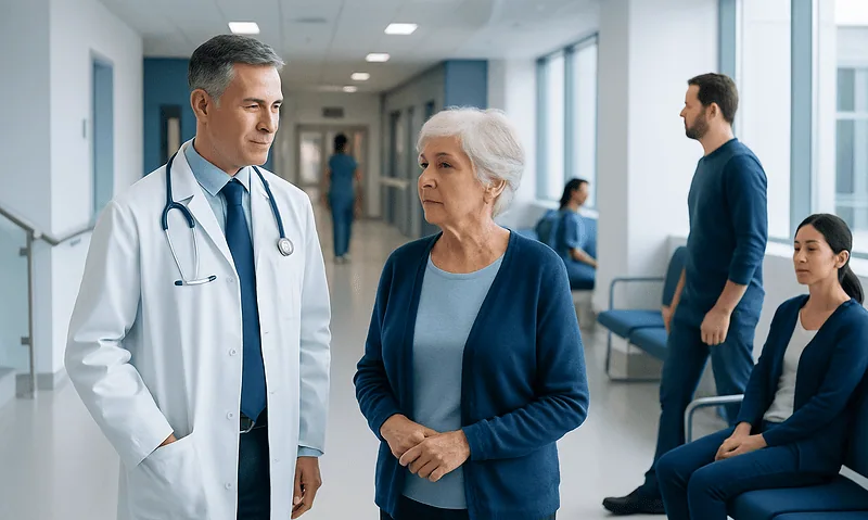 Doctor talking to an elderly woman in a hospital corridor.