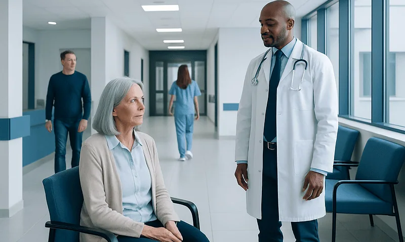 Doctor talking to an elderly woman in a hospital corridor.