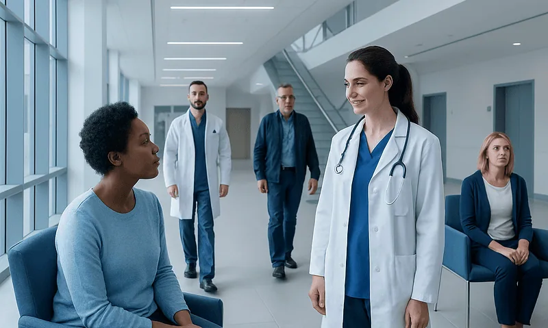 Healthcare professionals and patient in a modern hospital corridor.