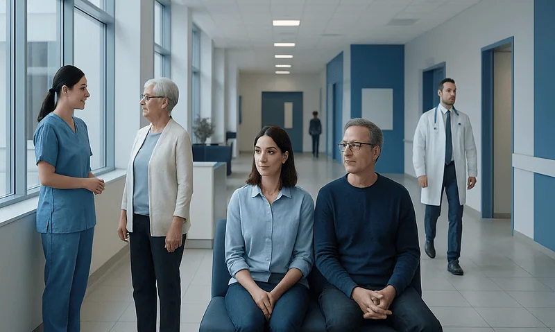 Patients waiting in a hospital corridor with medical staff nearby.