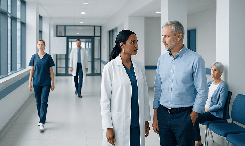 What Level of Eosinophils Indicates Cancer? 3 Medical professionals in hospital corridor discussing patient care.