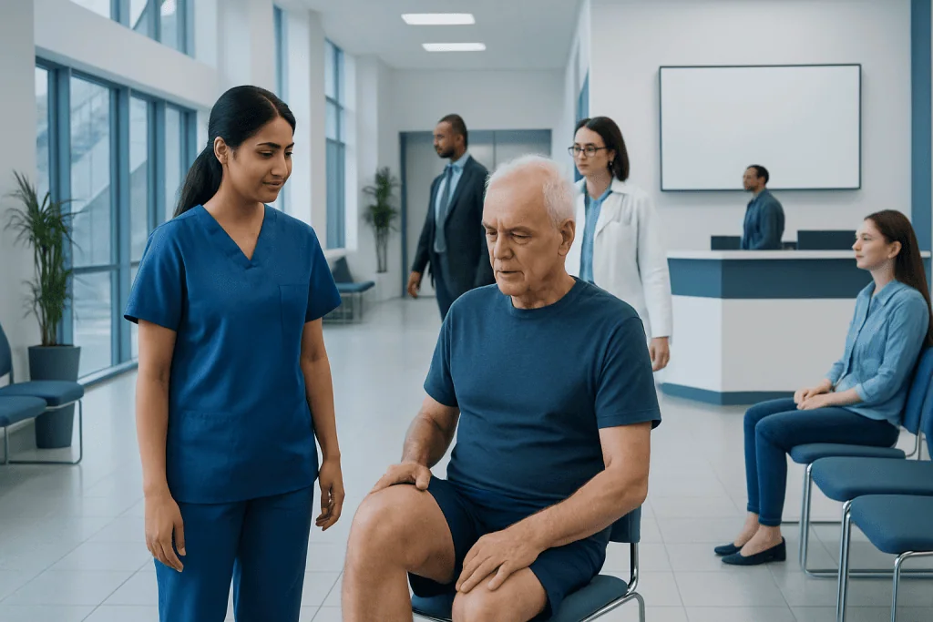 Can Exercise Help Stiff Joints? Safe Ways to Improve Mobility 1 Medical consultation with a nurse and elderly patient in a hospital setting.
