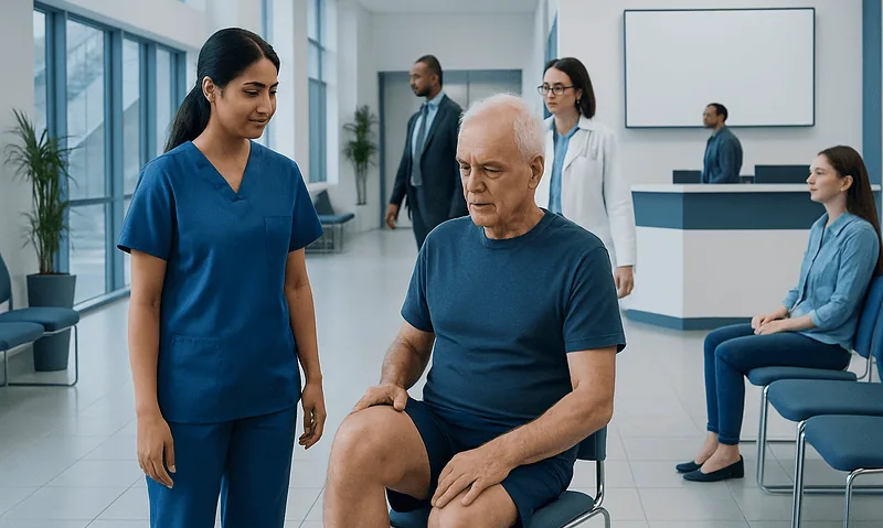 Can Exercise Help Stiff Joints? Safe Ways to Improve Mobility 3 Medical consultation with a nurse and elderly patient in a hospital setting.