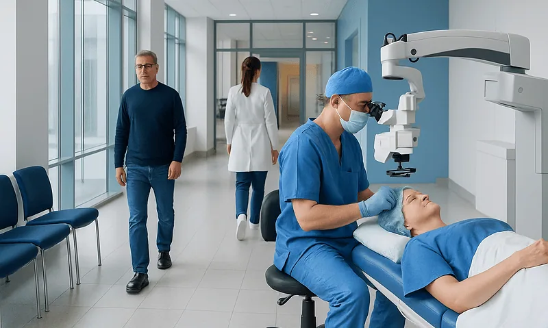 Ophthalmologist performing eye surgery in a modern hospital setting.