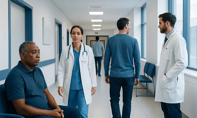 Is Foul-Smelling Poop a Sign of Cancer? 6 Medical professionals and patient in hospital corridor at Acibadem Hospitals Group.