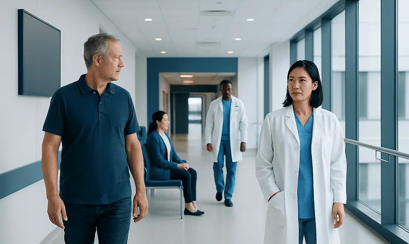 Medical professionals and a patient in a hospital corridor with large windows.