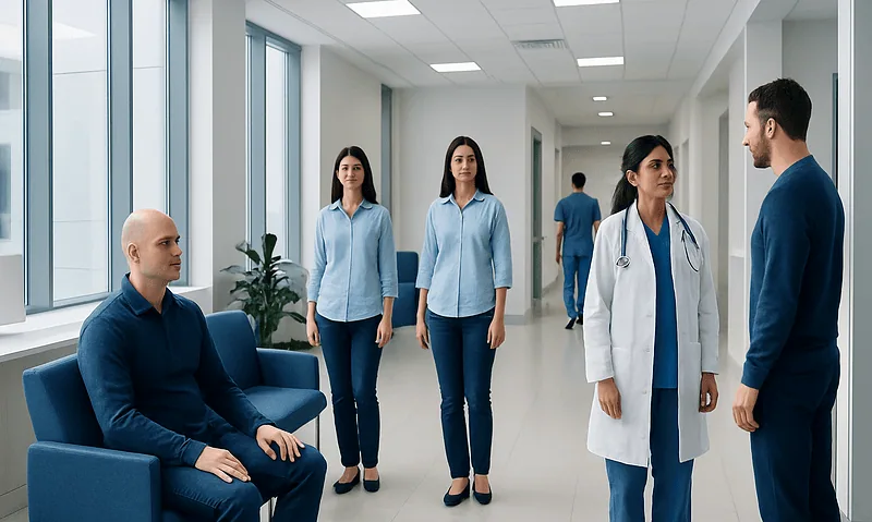 Patients and medical staff in a modern hospital corridor.