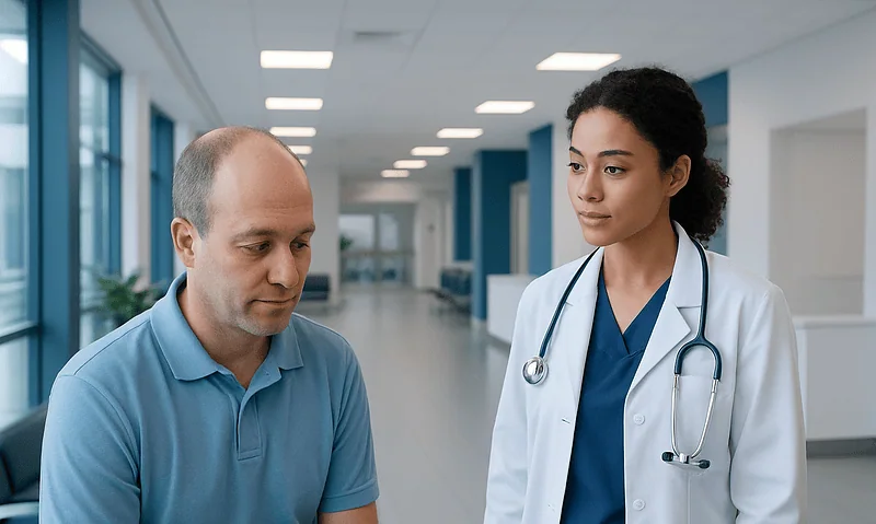 Doctor consulting a patient in a hospital corridor.