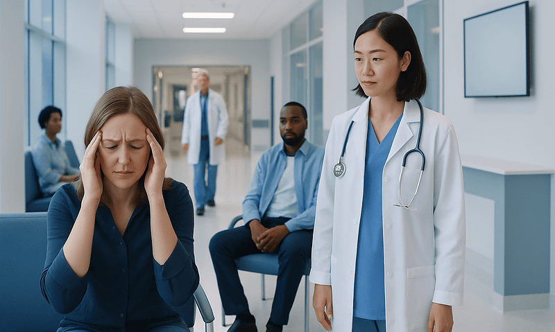 Patient with headache consulting with healthcare professionals in hospital.