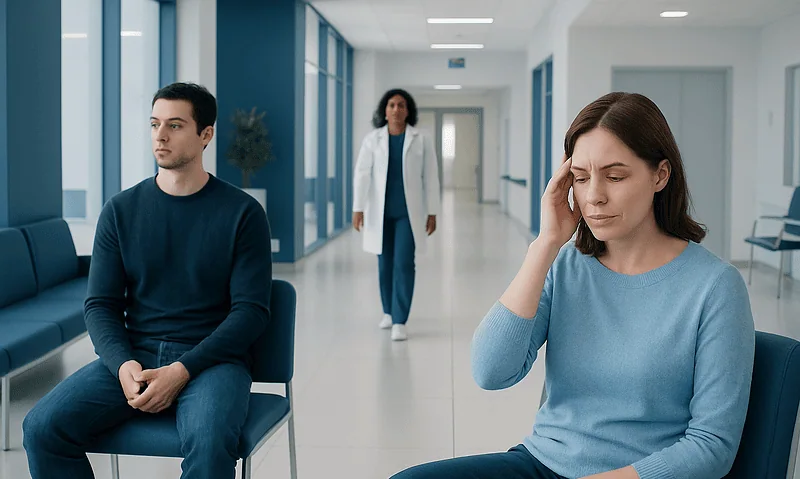 Woman with headache in a hospital waiting area with a man and healthcare professional.
