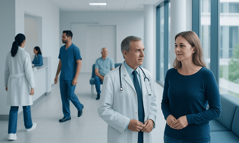 Doctor consulting a patient in a hospital corridor with medical staff in background.