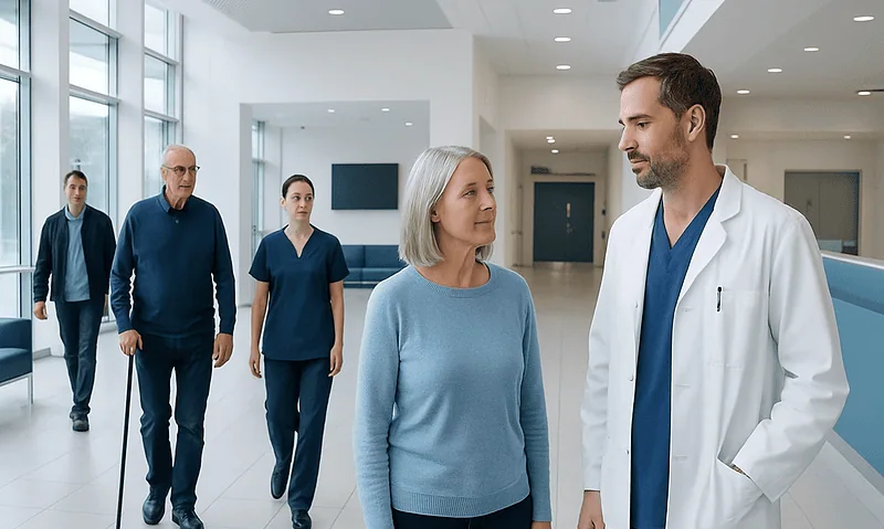 Medical consultation with a doctor and elderly patient at hospital.