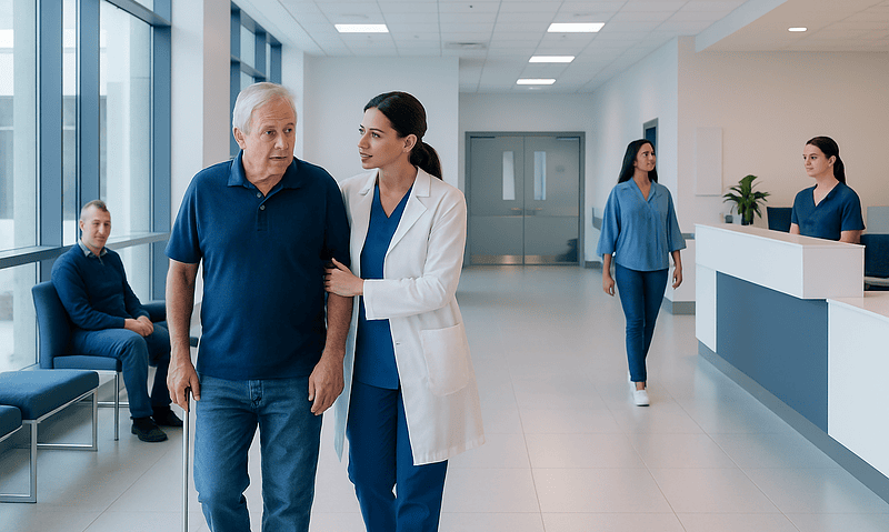 Patient consulting with doctor in hospital corridor at Acibadem Hospitals Group.
