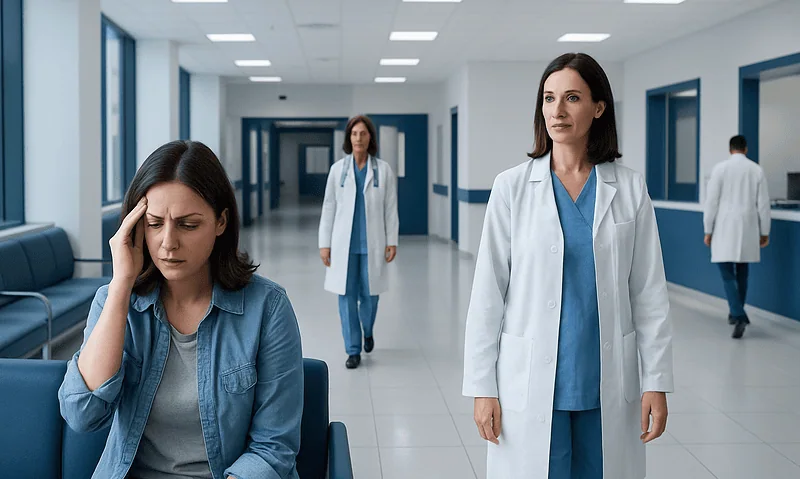 Concerned woman with headache in hospital corridor with medical staff.