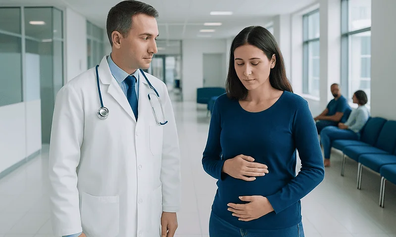 Doctor consulting pregnant woman in hospital corridor.
