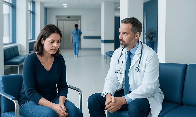 Doctor consulting with a patient in a hospital corridor.