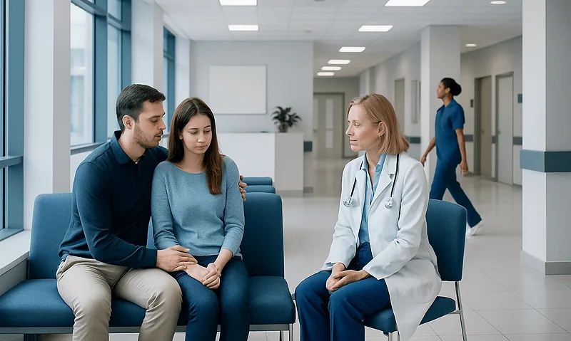 Doctor consulting with a young woman and her partner in a hospital waiting area.