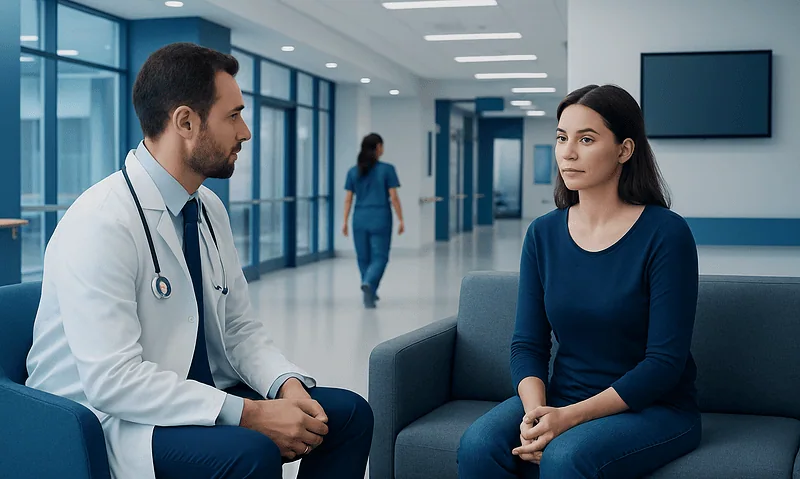Doctor consulting with a patient in a modern hospital corridor.