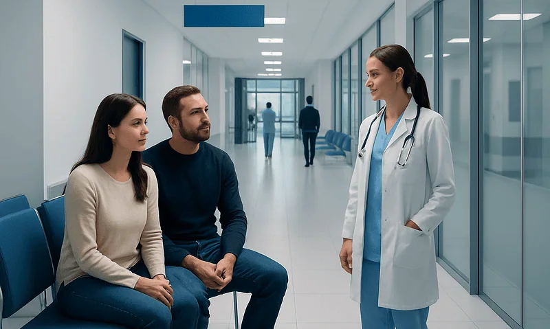 IVF After Tubal Ligation: Fertility Options Without Reversal Surgery 6 Doctor consulting with a couple in a hospital corridor.