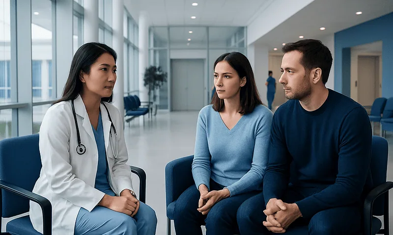 IVF After Tubal Ligation: Options, Success Factors, and Planning 6 Doctor consulting with a couple in a modern hospital corridor.
