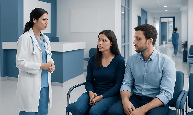 Doctor consulting a couple in a modern hospital waiting area.