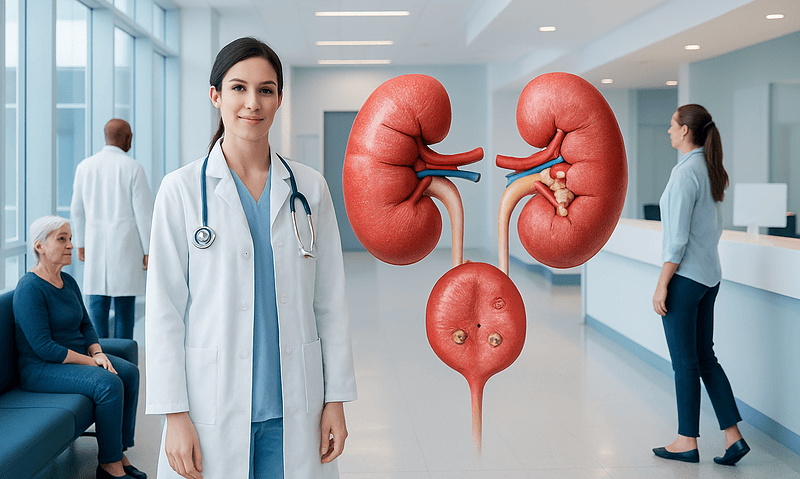 Medical professional with a 3D kidney model in a hospital setting.