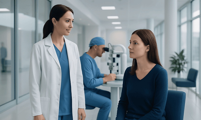 Ophthalmologist consulting a patient in a modern clinic setting.