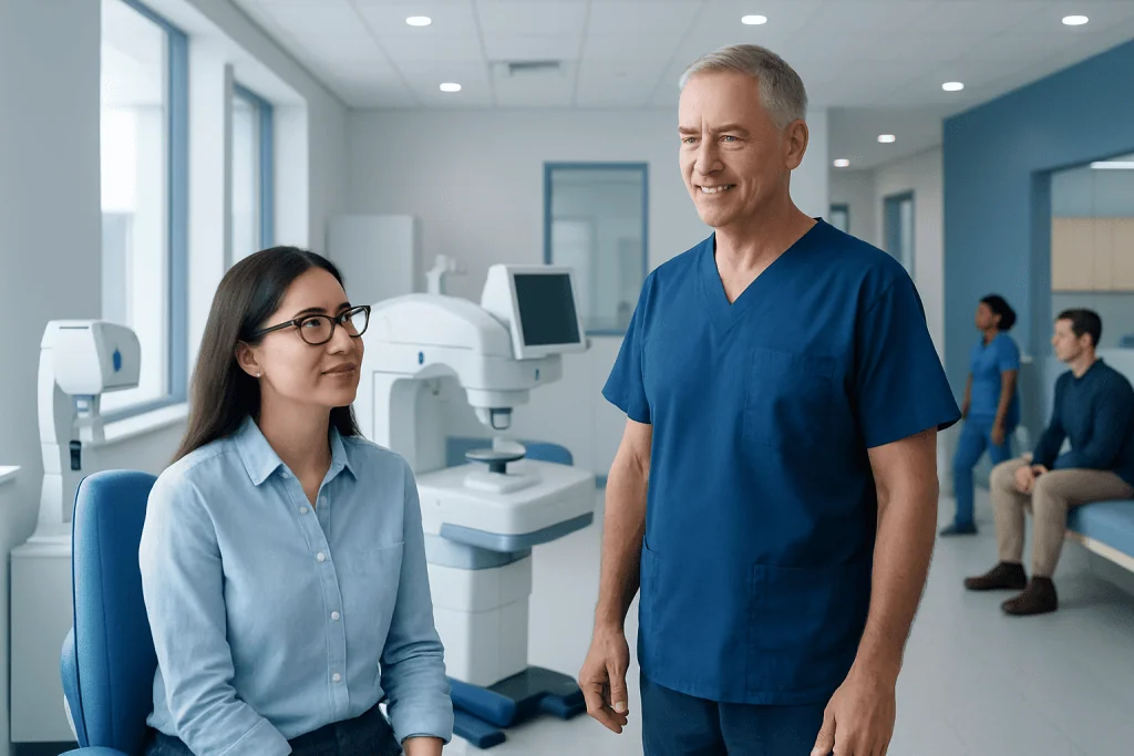 Can You Get LASIK With Astigmatism? Eligibility Explained 1 Ophthalmologist consulting with a patient in a modern eye clinic.