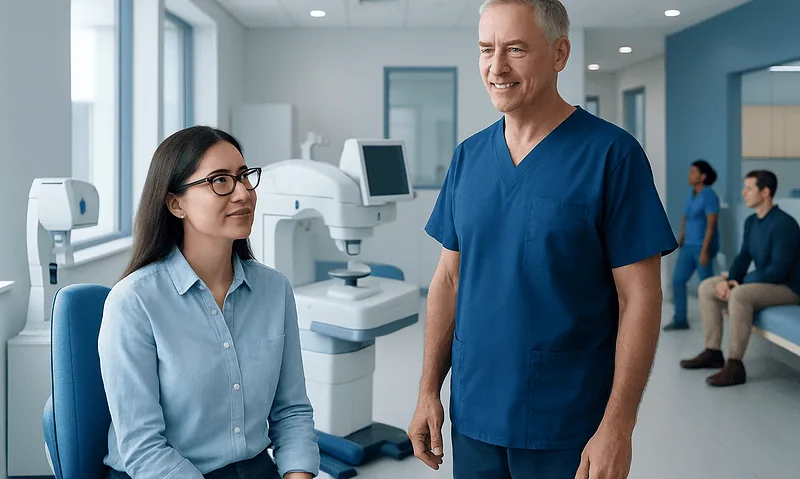 Ophthalmologist consulting with a patient in a modern eye clinic.