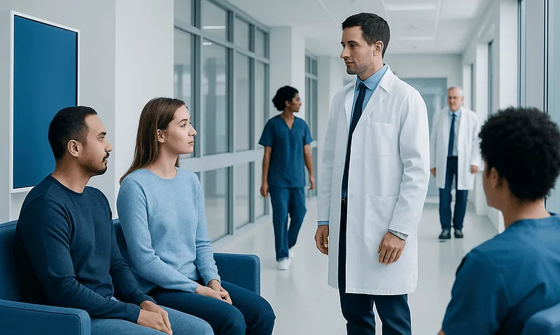 Medical consultation with patients in a hospital corridor.