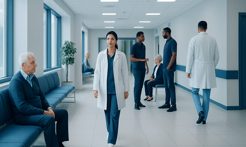Healthcare professionals and patients in a modern hospital corridor.