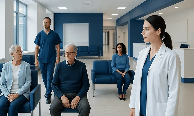 Medical team consulting elderly patients in a hospital waiting area.