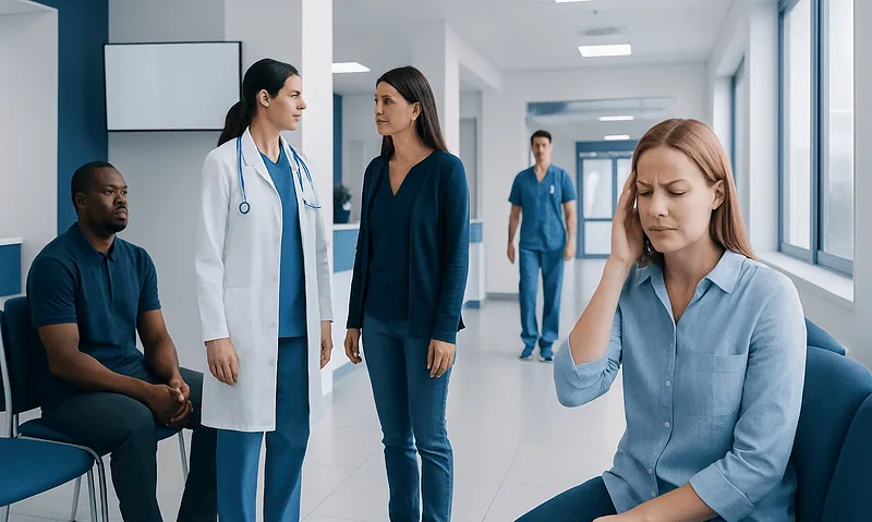 Patient experiencing headache in hospital corridor with medical staff nearby.