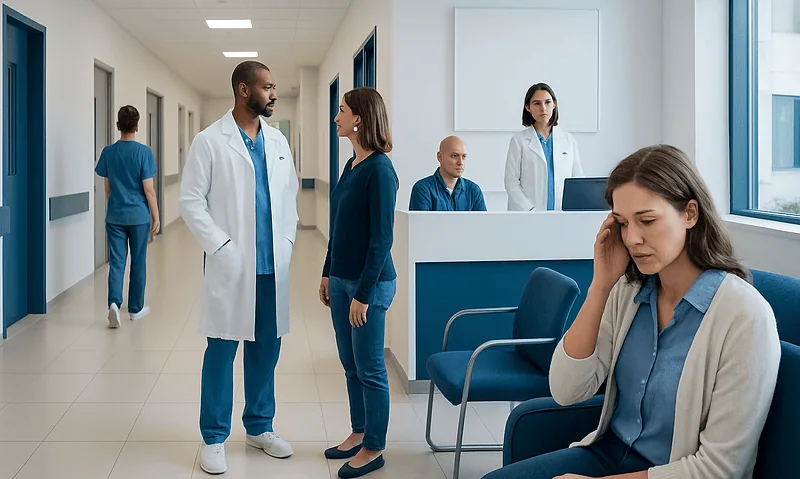 Medical staff and patients in a hospital corridor and reception area.