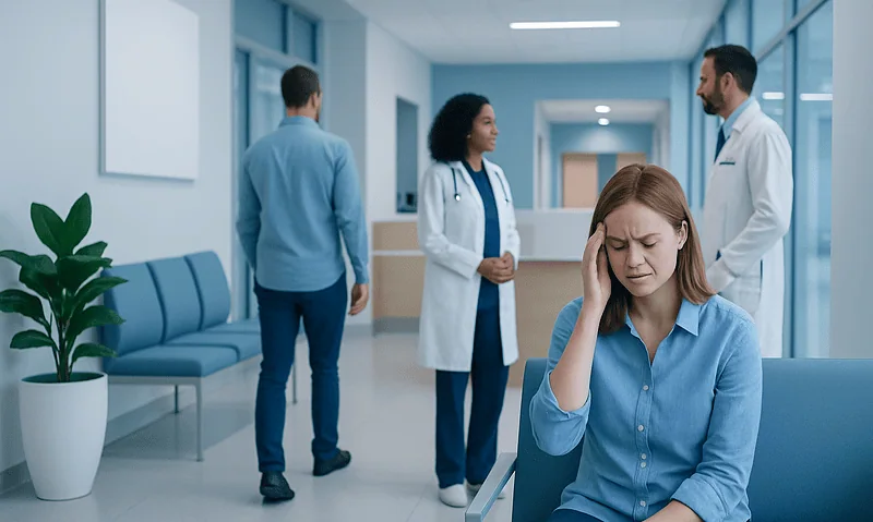 Young woman with headache in hospital corridor with medical staff nearby.