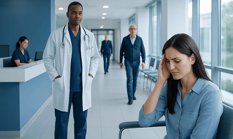 Woman with headache in hospital corridor with medical staff nearby.