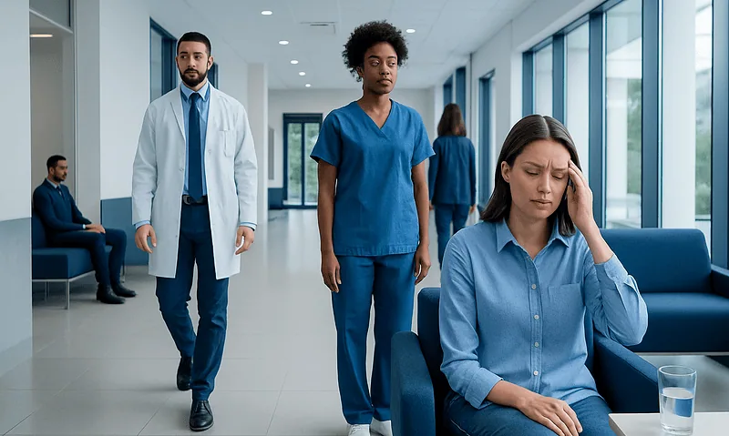 Patient experiencing headache in hospital waiting area with medical staff nearby.