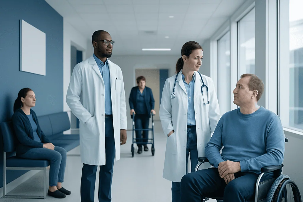Can Neuromuscular Disease Be Cured? Treatment Goals and Realistic Outcomes 1 Medical team consulting patient in hospital corridor.