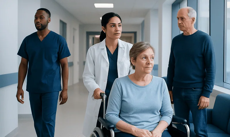 Medical team with patient in hospital corridor at Acibadem Hospitals Group.