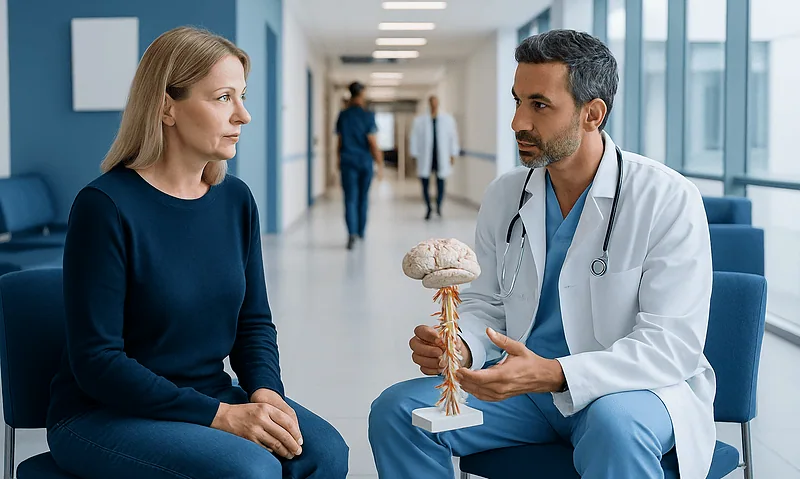 Doctor explaining nerve damage to a patient with brain model in hospital corridor.