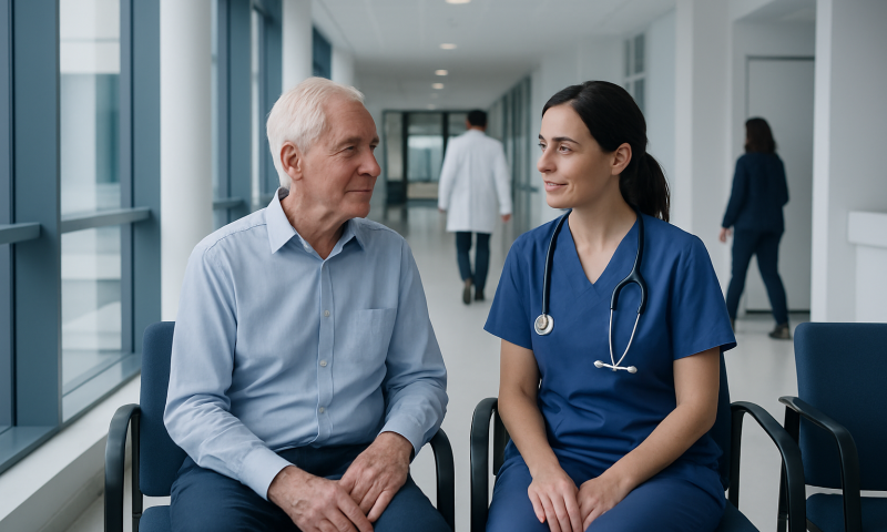 Senior patient consulting with a nurse in a hospital corridor.