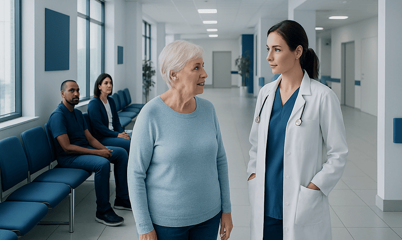 Doctor talking to elderly woman in hospital corridor with waiting patients.