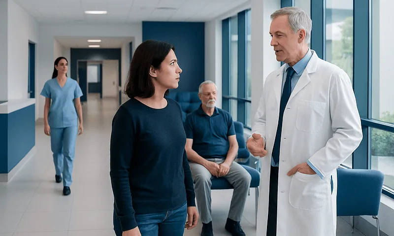 Doctor discussing treatment options with a patient in a hospital corridor.