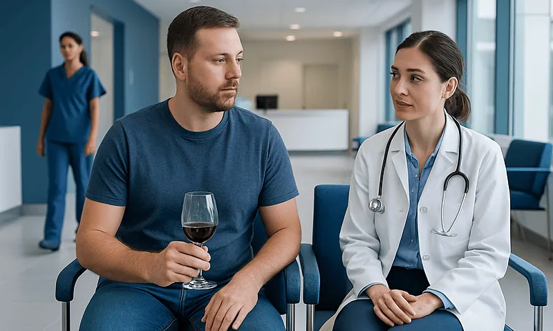 Patient discussing alcohol consumption with doctor after gastric sleeve surgery.