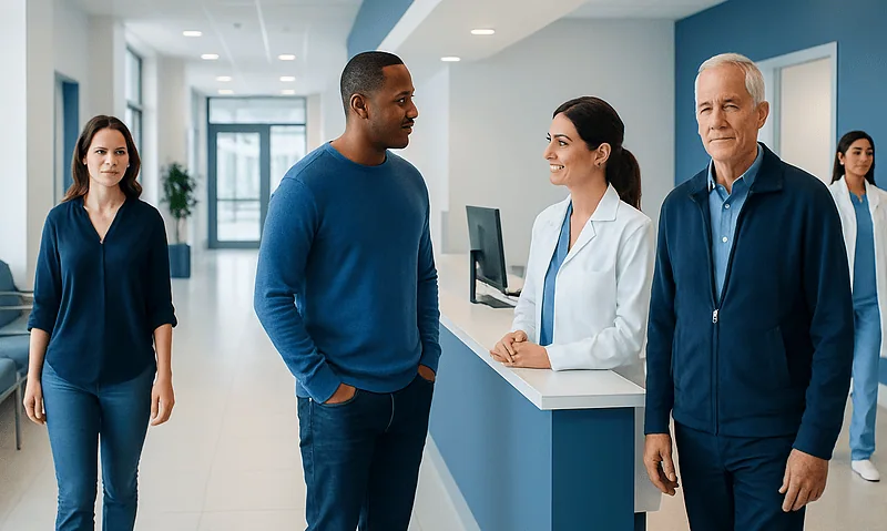 Patients and staff at Acibadem Hospital reception area.